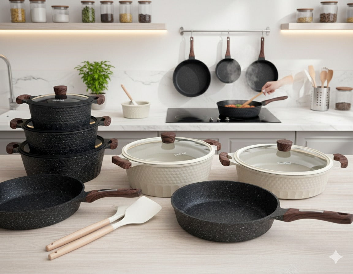 Premium Non-Stick Cookware Set with Wooden Handles