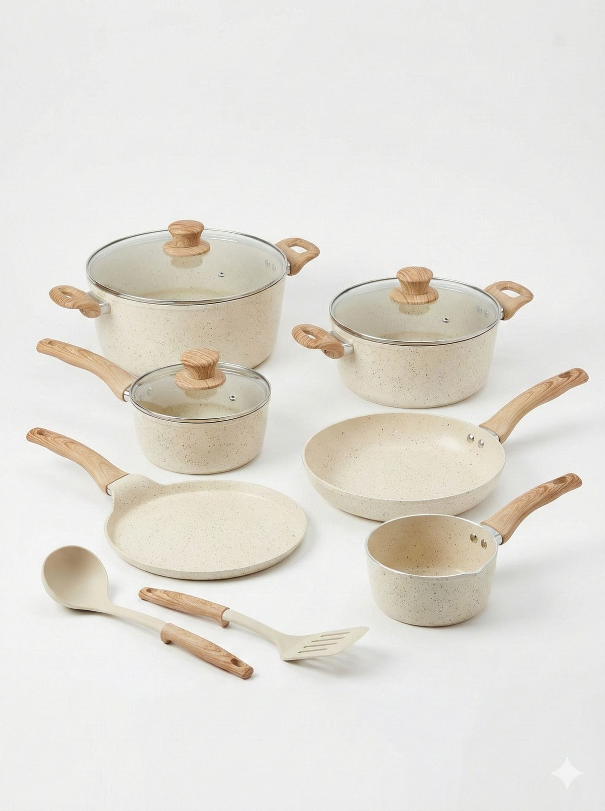 Elegant Cream Non-Stick Cookware Set with Wooden Handles