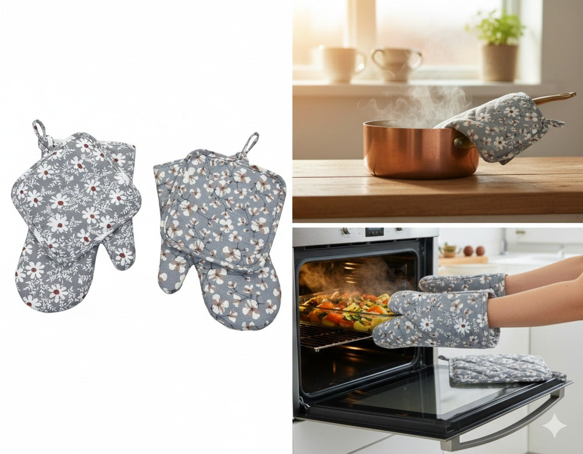Floral Heat-Resistant Oven Mitts & Pot Holders Set