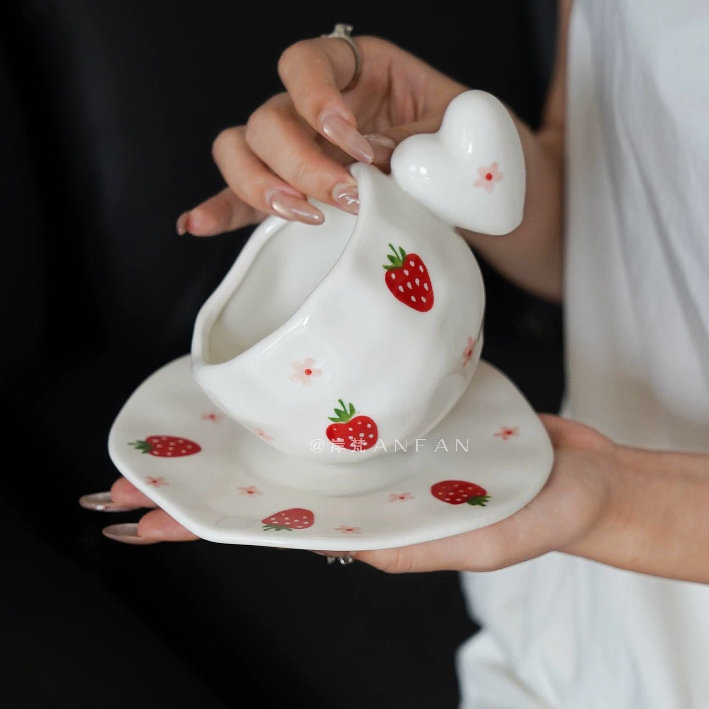 Sweet Strawberry Heart Ceramic Cup & Saucer Set
