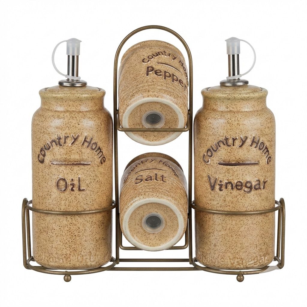 Country Home Ceramic Oil & Vinegar Set with Salt & Pepper Shakers –