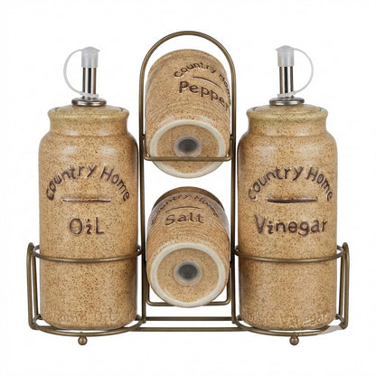 Country Home Ceramic Oil & Vinegar Set with Salt & Pepper Shakers –