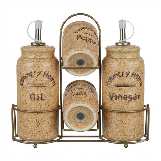 Country Home Ceramic Oil & Vinegar Set with Salt & Pepper Shakers –