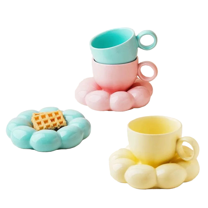 Pastel Puffy Flower Ceramic Mug & Saucer
