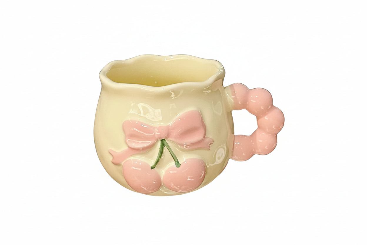 Decorative Ceramic Mug with Bow and Cherry Motif