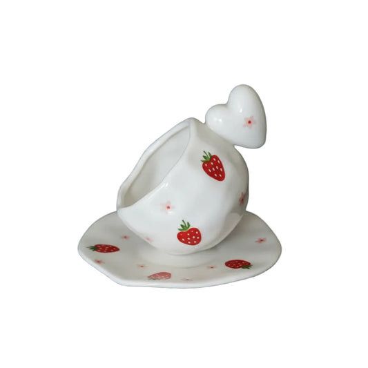 Strawberry Heart Ceramic Mug & Saucer – Miniature Decorative Tabletop Piece