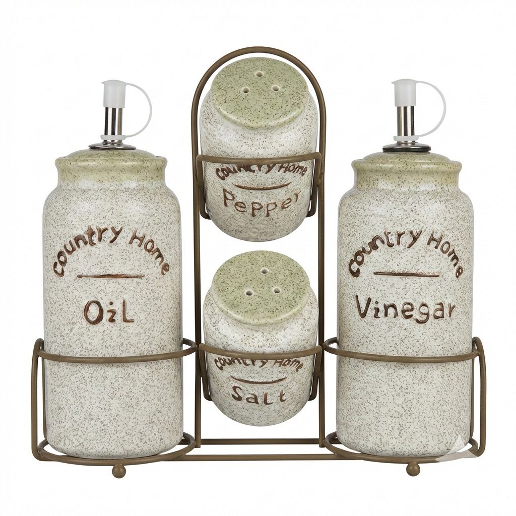 Country Home Ceramic Oil & Vinegar Set with Salt & Pepper Shakers –