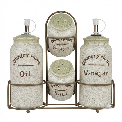 Country Home Ceramic Oil & Vinegar Set with Salt & Pepper Shakers –