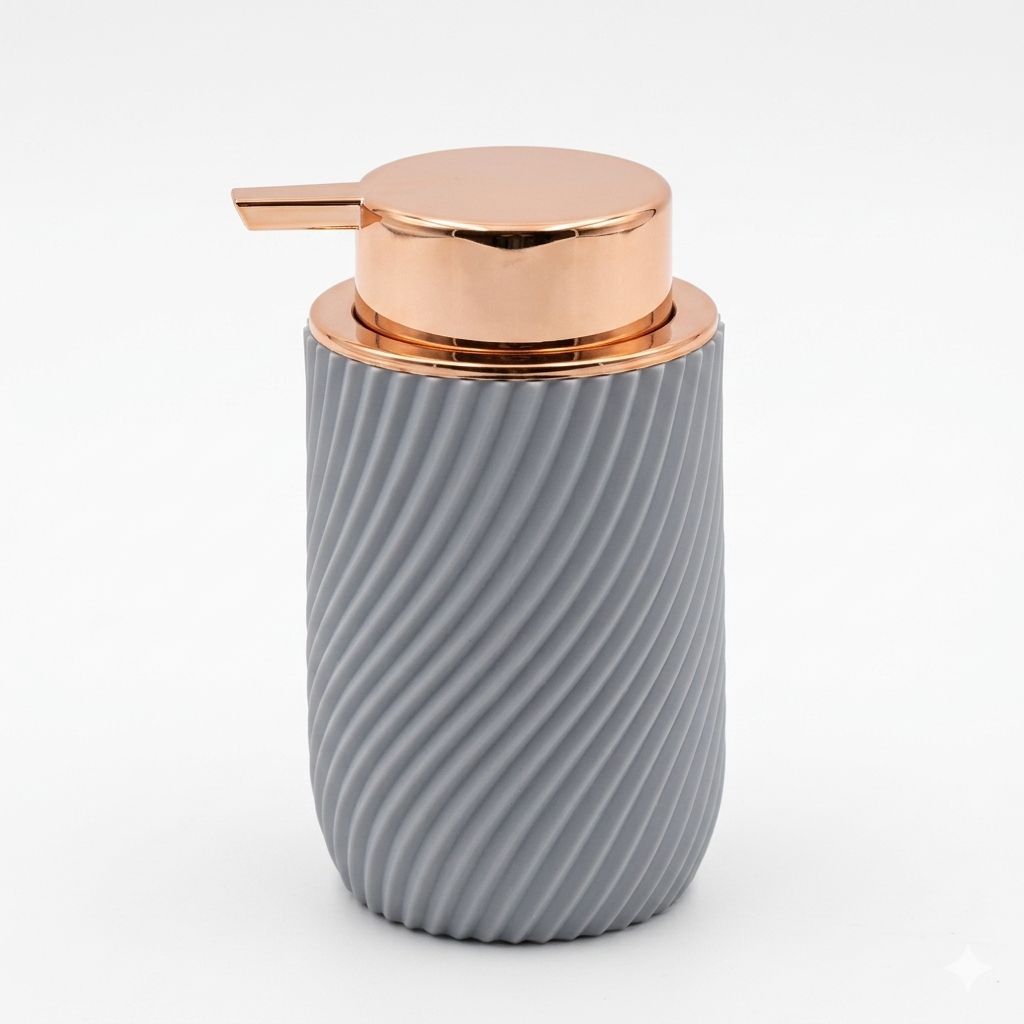 Modern White Soap Dispenser with Rose Gold Pump – Ribbed Spiral Design