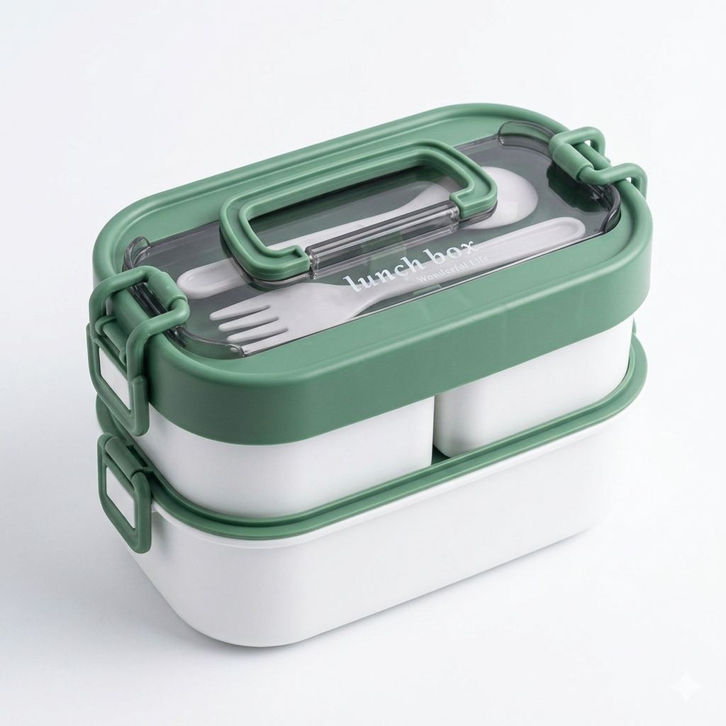 Title: Double Layer Portable Lunch Box with Cutlery