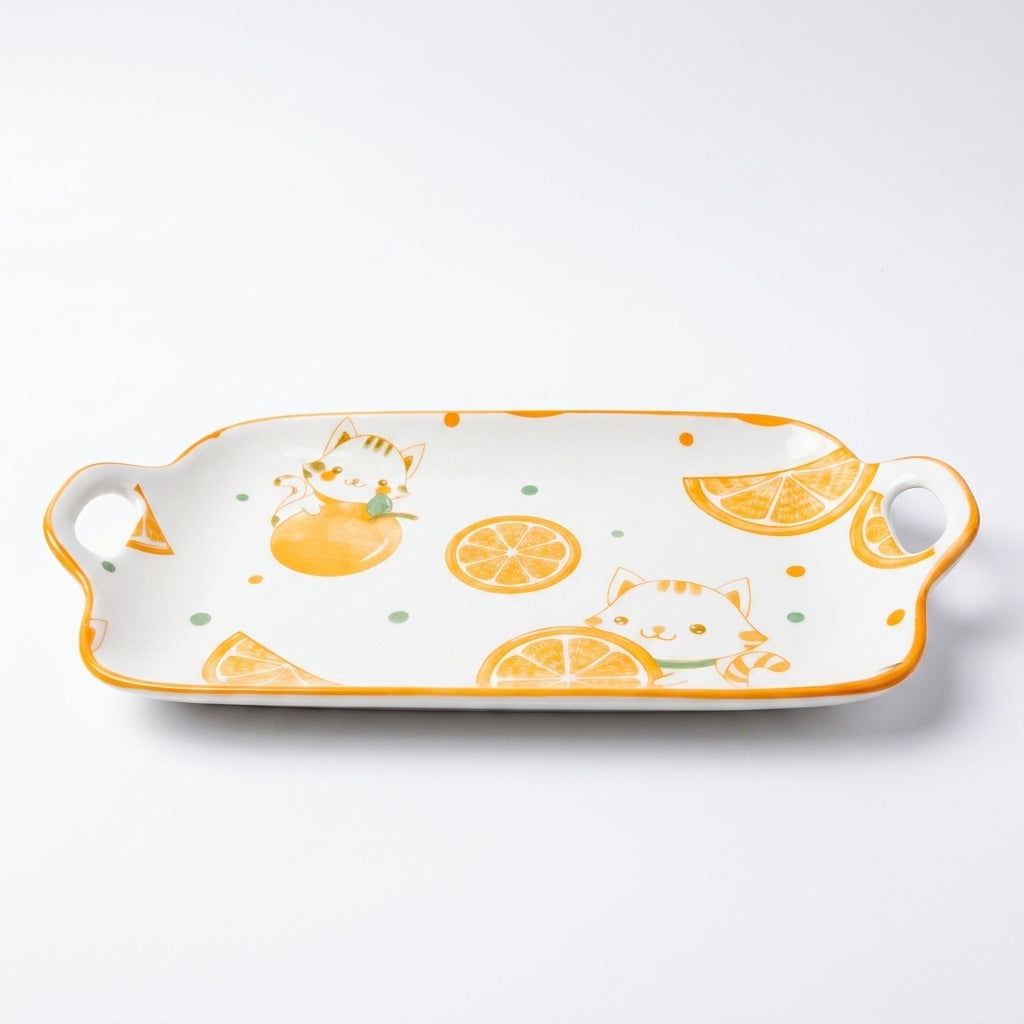 Rectangular Serving Tray with Cats and Citrus Motif