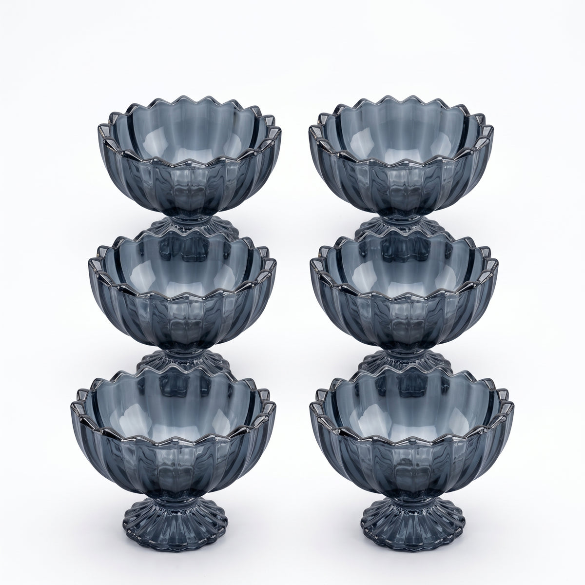 Scalloped Ribbed Glass Pedestal Dessert Bowls
