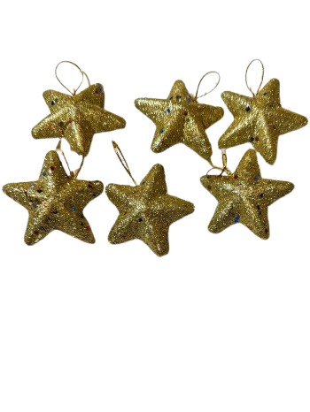 Set of 6 Golden Glitter Star Christmas Ornaments