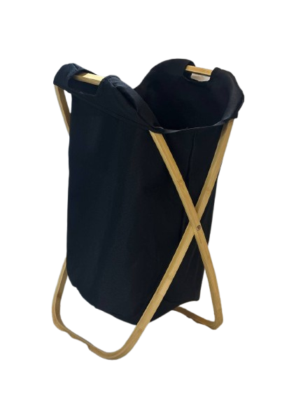 Foldable Bamboo Laundry Hamper with Black Fabric Bag