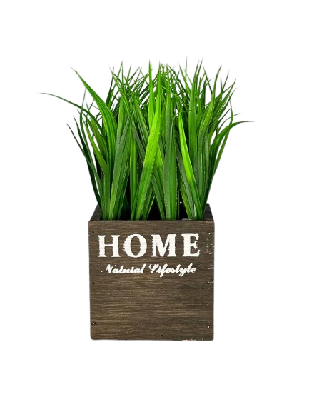 Rustic Faux Grass in Wooden “HOME” Planter