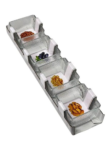 Glass Snack Serving Set – 5-Piece Hammered Bowls with Tray