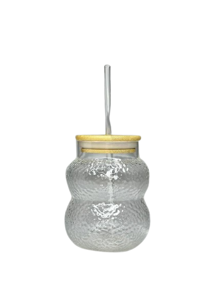 Hammered Glass Jar Cup with Straw & Bamboo Lid