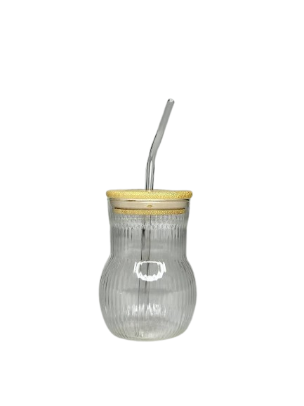 Ribbed Glass Jar with Bamboo Lid & Straw