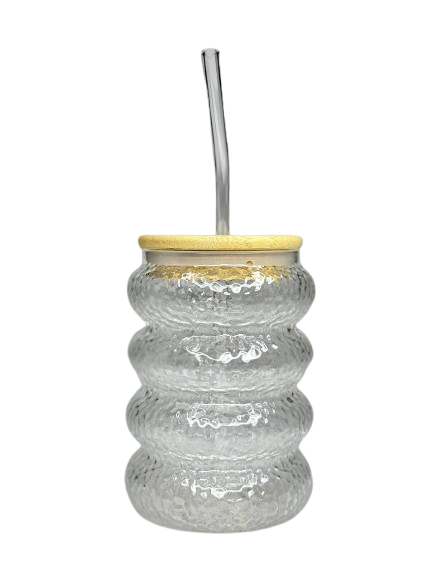 Ripple Glass Cup with Bamboo Lid & Straw