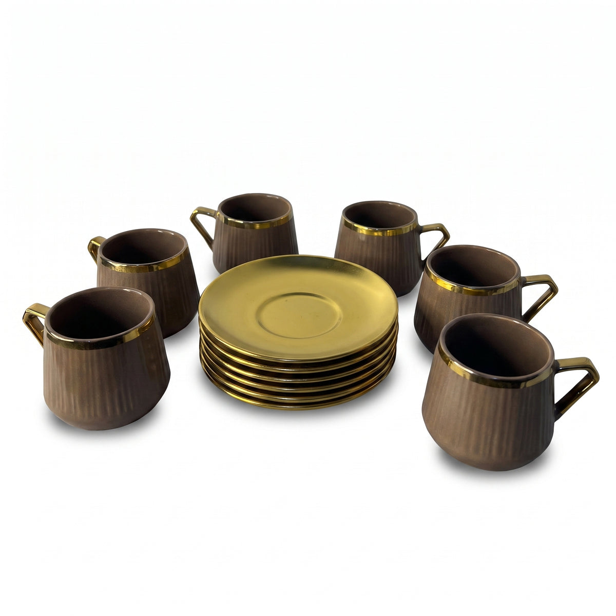 Brown Ribbed Ceramic Cup and Gold Saucer Set