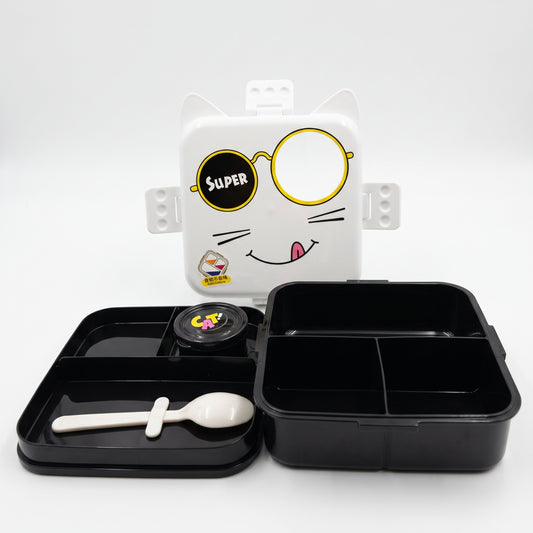 Cat Face Themed Compartment Bento Lunch Box with Cutlery